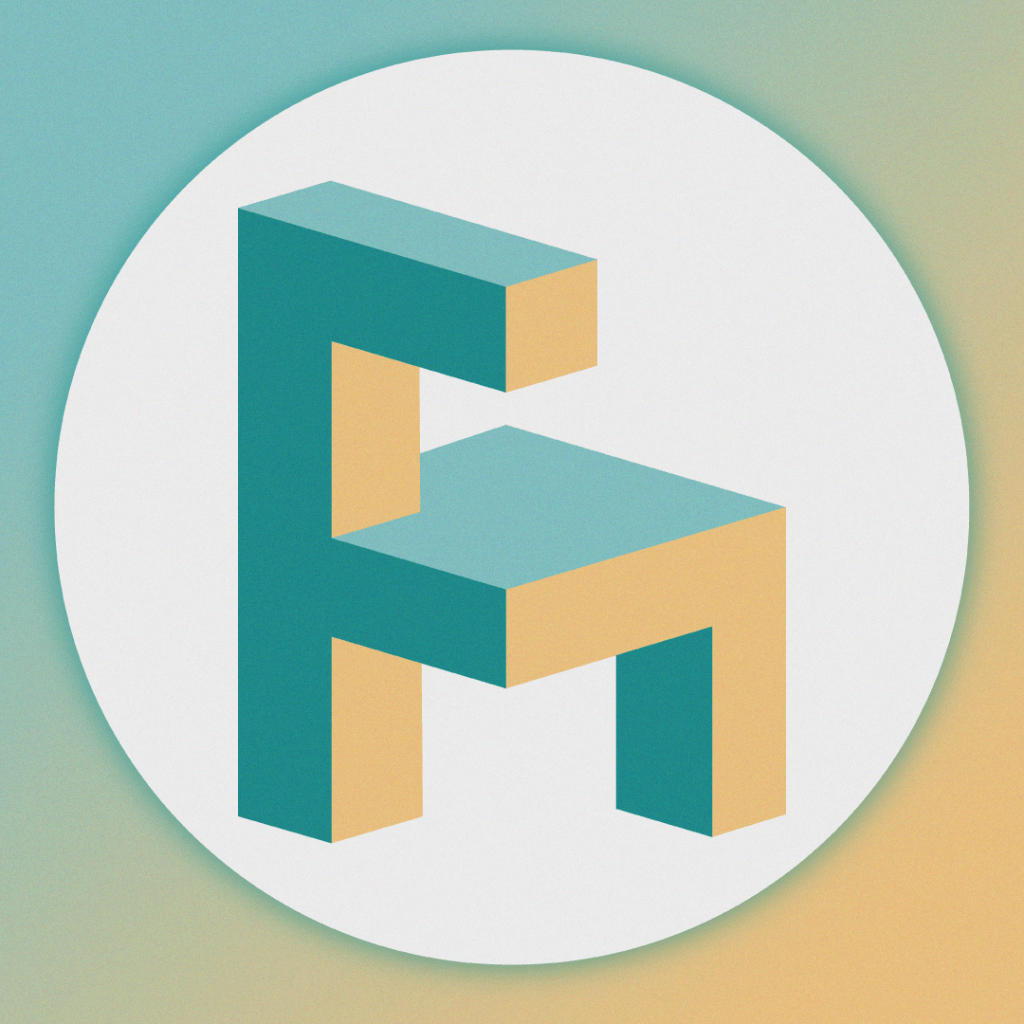 A stylized abstract representation of a chair in teal and beige colors, set against a soft gradient background.