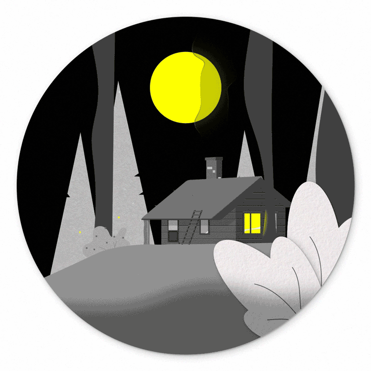 Stylised log cabin with Black, White and Yellow Colour Scheme